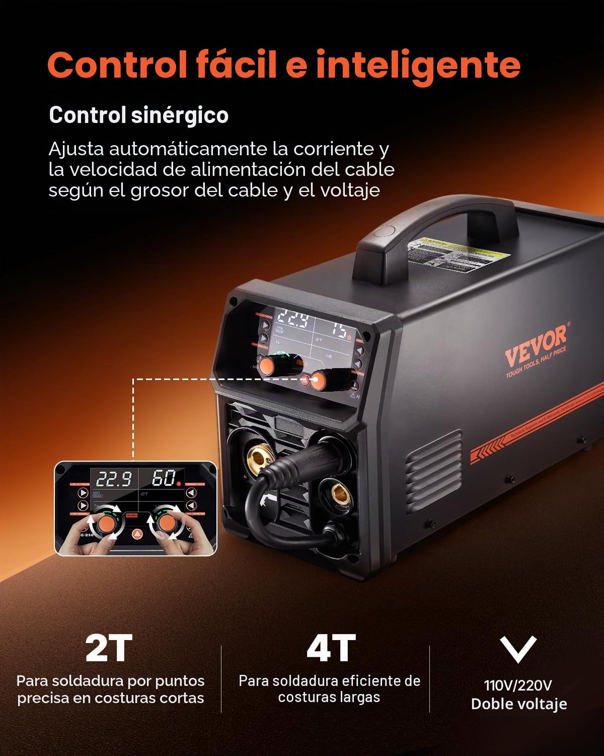 VEVOR Soldador Pro MIG 250 A, Máquina de Soldadura Sinérgica 5 en 1 MIG a Gas/MIG con Núcleo Fundente/STick/Lift TIG/MIG PLUSE con Tecnología de Inversor IGBT y Pantalla LCD, 430 x 180 x 320 mm
