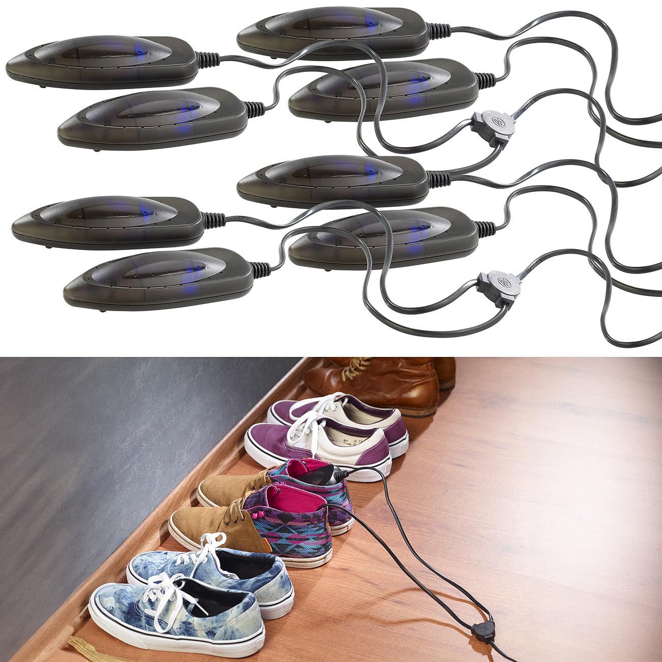 infactory Schuhtrockner für Schuhe: 4er-Set elektrische Schuhtrockner mit UV-Licht (Trockner für Schuhe und Handschuhe, mit Euro Stecker, Füße)