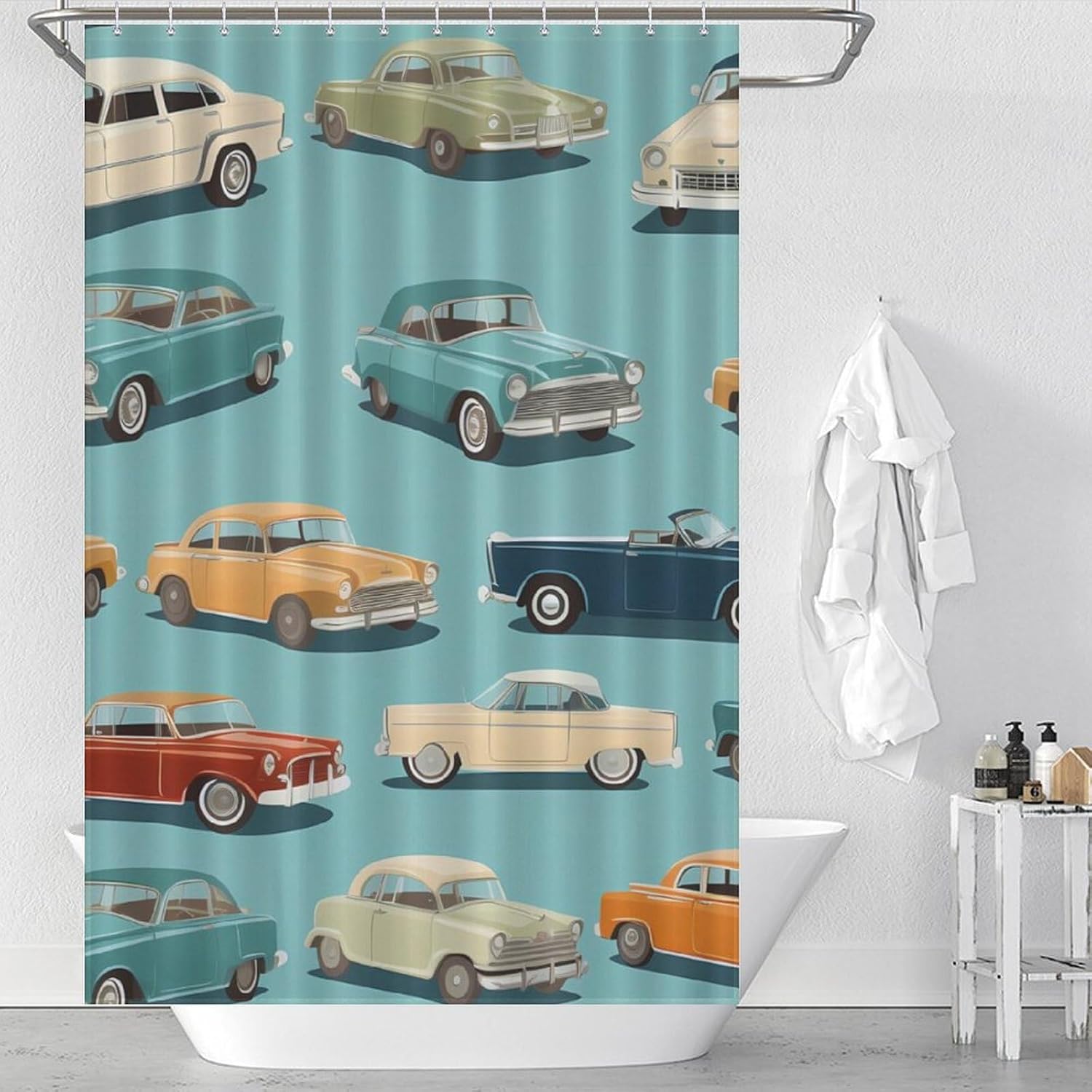 Vintage Car Funny Shower Curtains Washable Bath Curtain Liner with Hooks for Bathroom Bath Tubs