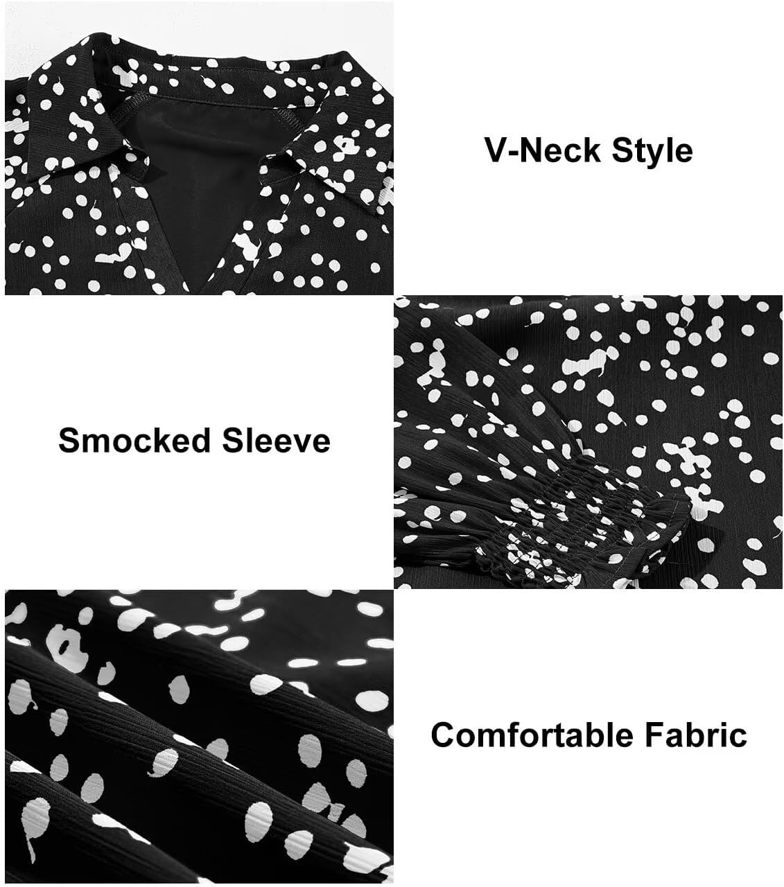 Astylish Women's Summer Polka Dots Smocked Long Sleeve Tops Dressy V Neck Comfortable Shirts Professional Blouses Casual Chiffon Tunic Clothes Black Small - Image 6