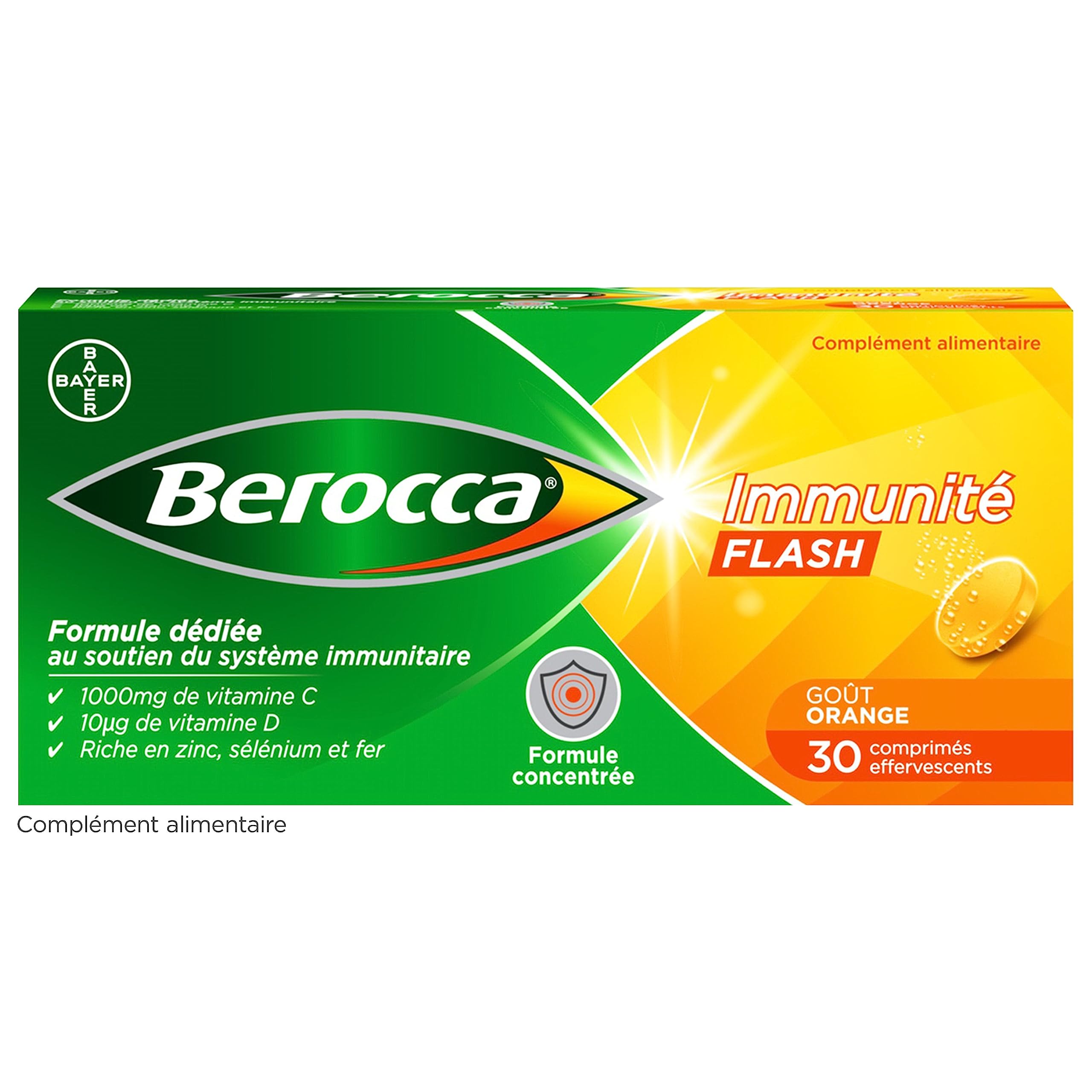 Berocca® Immunité Flash Sélénium, Fer + Berocca® Energie Orange - Multivitamines et Minéraux - Vitamine C et D - Zinc - Complément alimentaire 30 + 45 cp effervescents