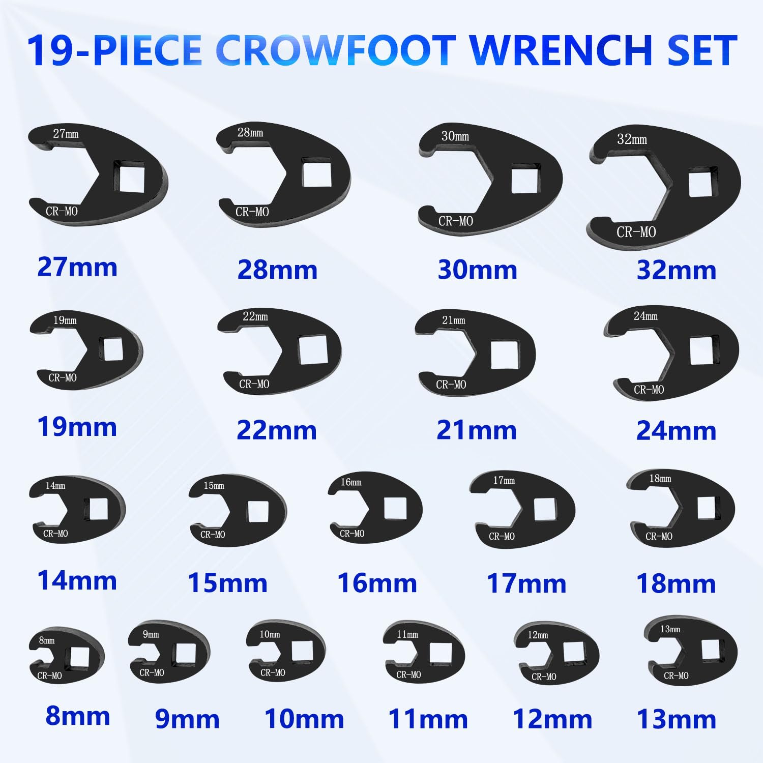 Zestaw kluczy nasadowych Jumbo Crowfoot z napędem 3/8” i 1/2”, 19-częściowy zestaw narzędzi metrycznych o rozmiarach od 8 do 32 mm, zestaw kluczy nasadowych do grzechotek 3/8” i 1/2”.