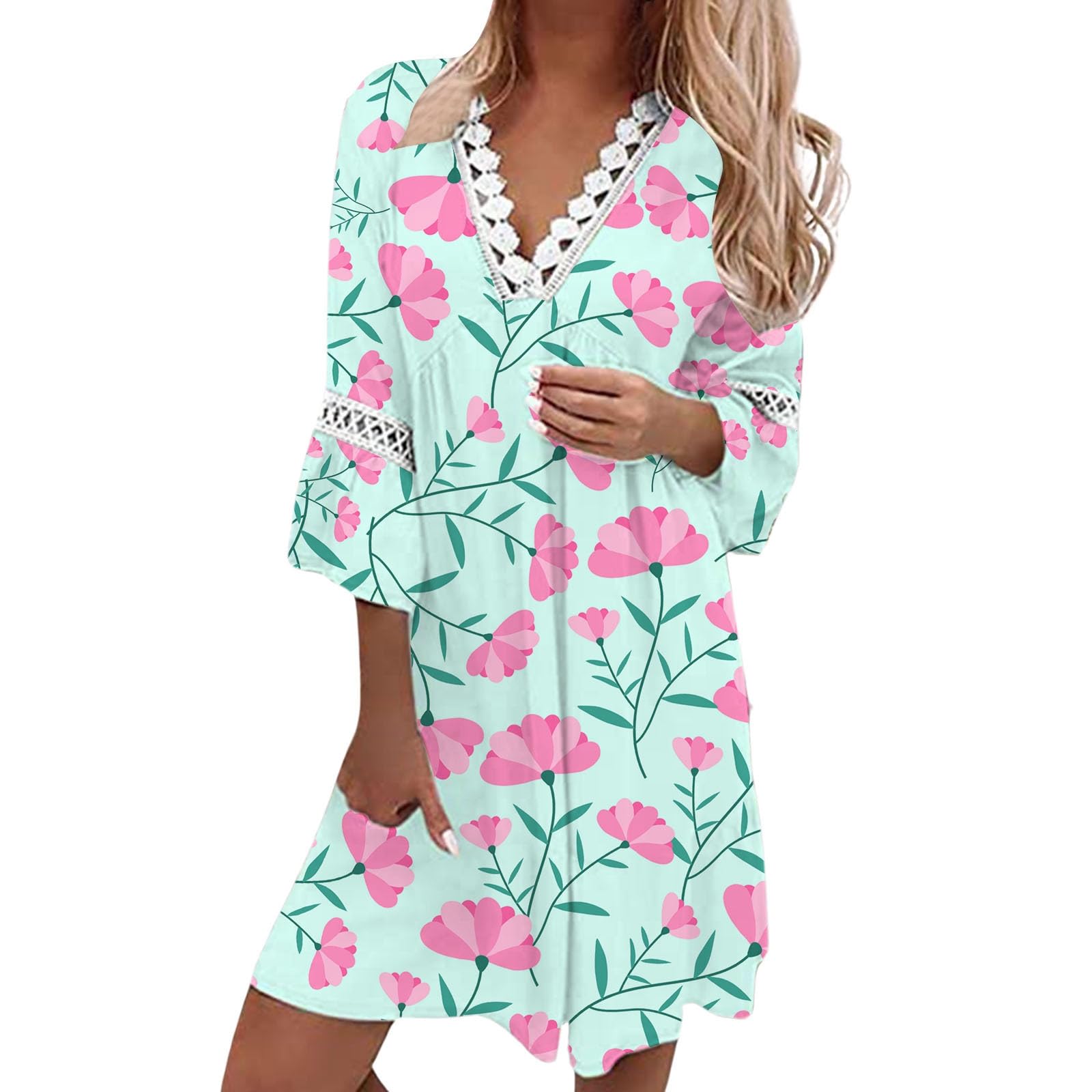 Vestido de verano para mujer, estilo étnico, ribete de encaje, cuello en V, estampado floral, tres mangas, estilo bohemio, mini