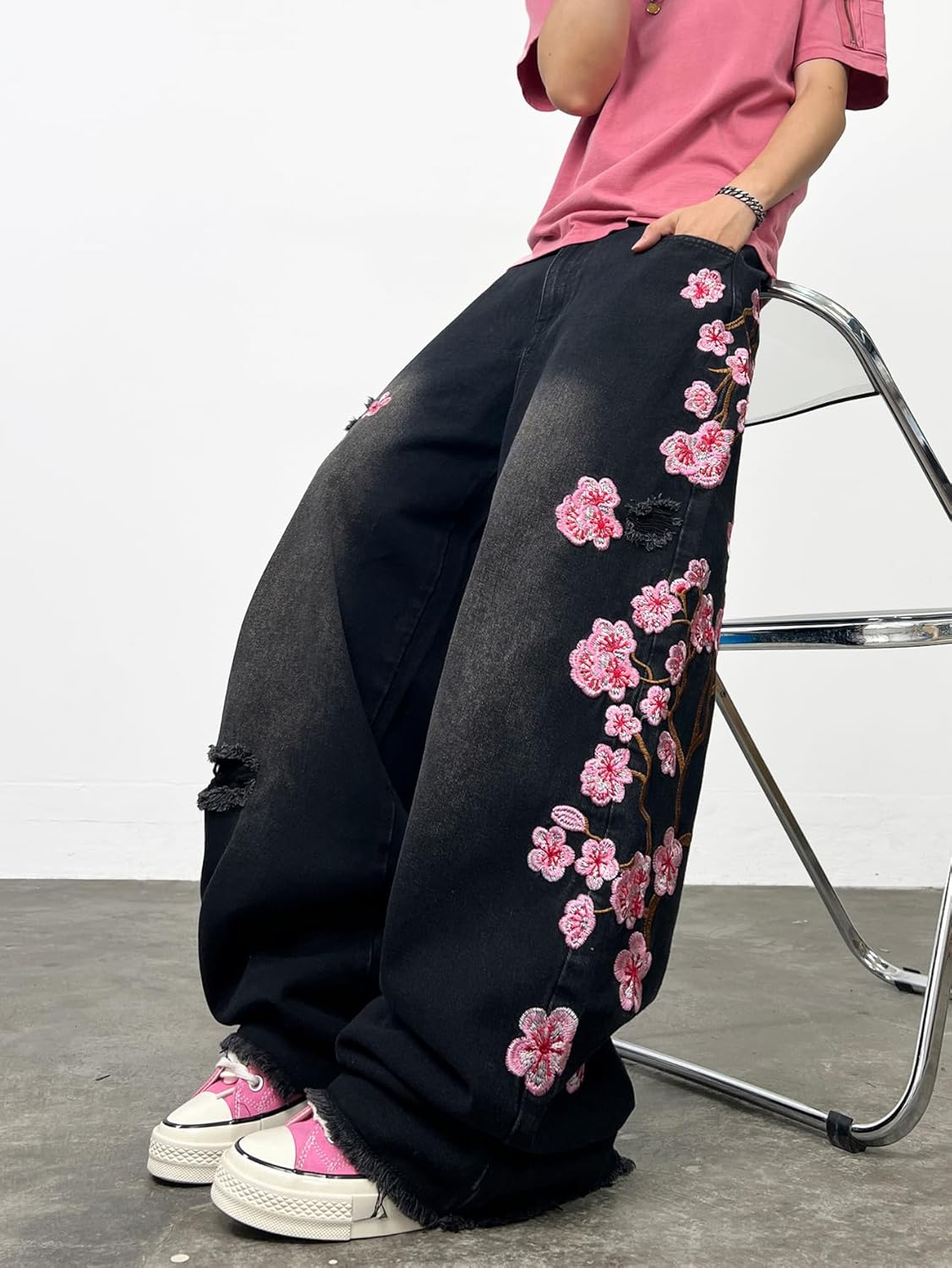 Men's Hip Hop Baggy Jeans Embroidered Wide Leg Skater Jeans Loose Fit Denim Pants Streetwear - Image 3