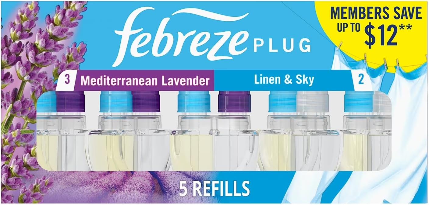 Plug Air Freshener Refills, Mediterranean Lavender & Linen Sky Scent, 0.87 fl oz (Pack of 5) - Long Lasting Odor Eliminator for Home (Total 4.35 fl oz)