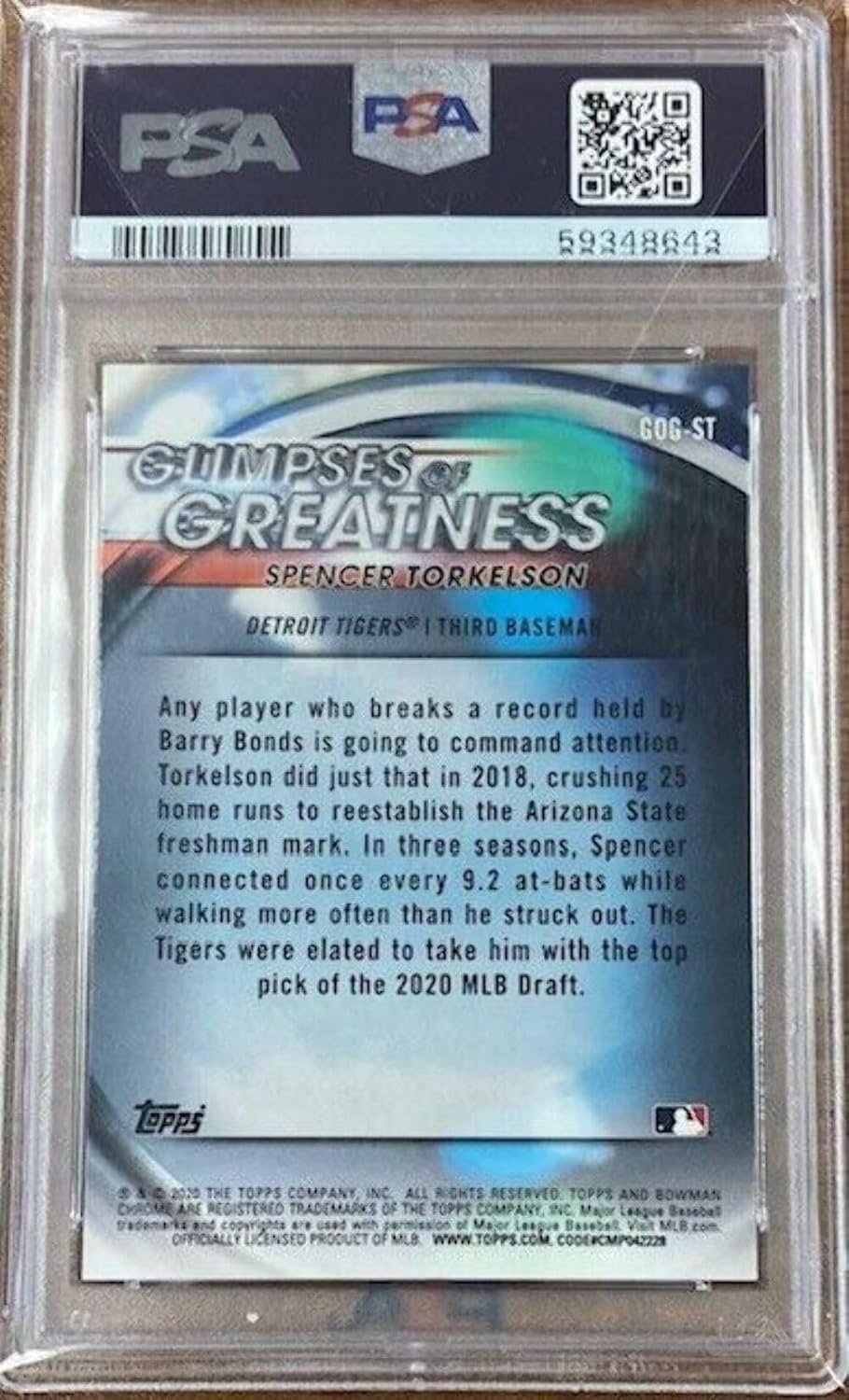 Graded 2020 Topps Bowman Draft Spencer Torkelson #GOGST Glimpses of Greatness Rookie RC Baseball Card PSA 10 Gem Mint
