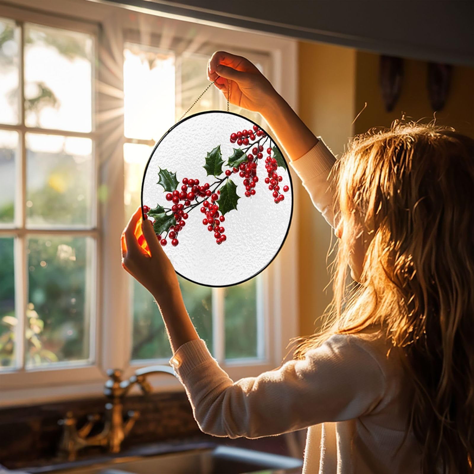 8in Stained Glass Window Hanging,Window Suncatcher Glass Panel with Metal Chain Holly Berry Branches Sun Catchers Wall Art Home Decor Gift for Women Mother's Day