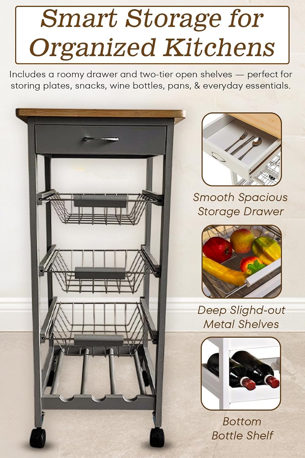 Wooden Kitchen Rolling Island Trolley, 3 Tier Utility Storage Cart with Wheels, 3 Basket, Drawers - 1 Wine Rack Storage Cabinet for Home, Dining Room, Bar (Grey)