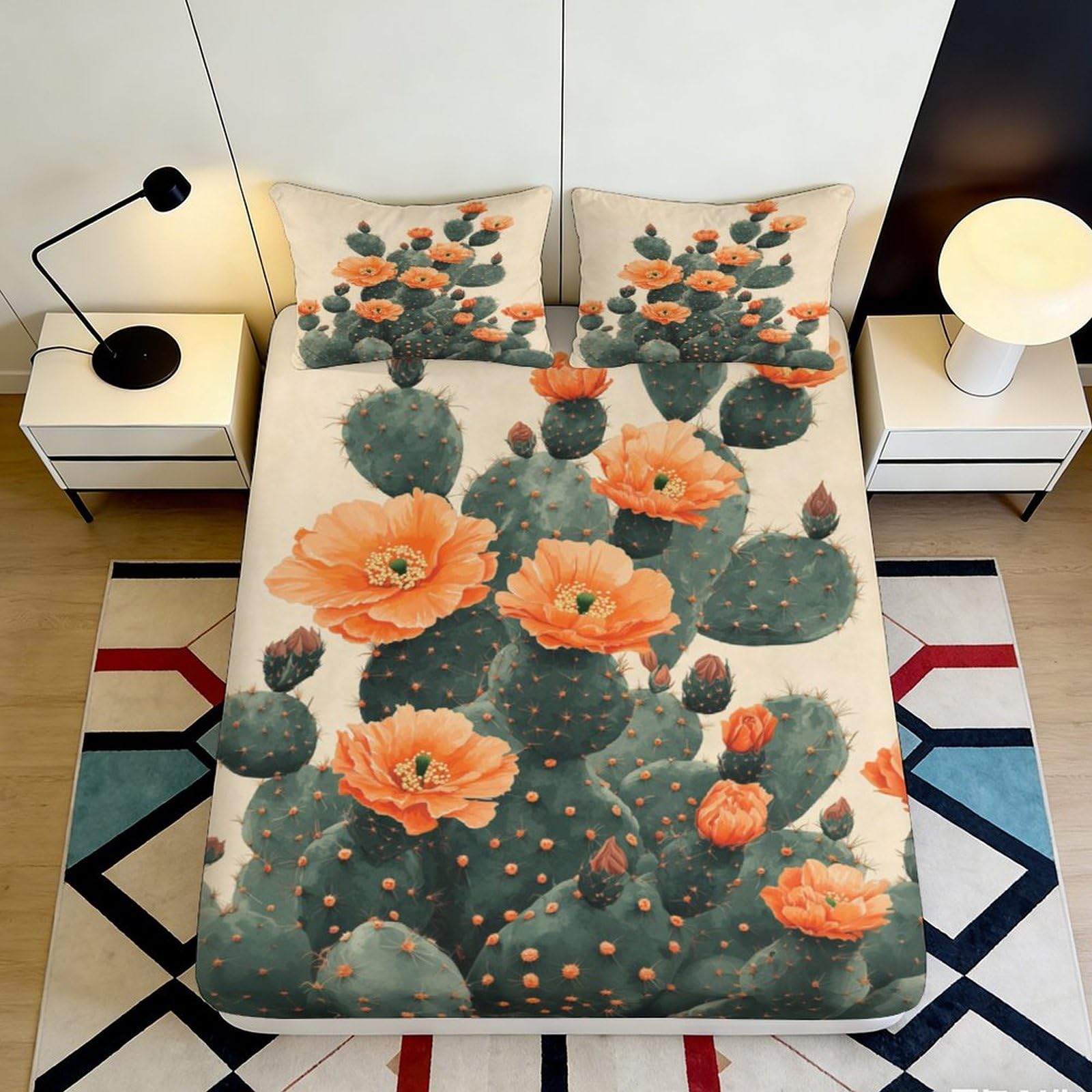 Qjzxknhpgr Style-4 3D Printed Cactus Flower Fitted Sheet Microfiber Orange Green Bed Cover For Bedroom Guest Room Decor Protection 90X200x25cm