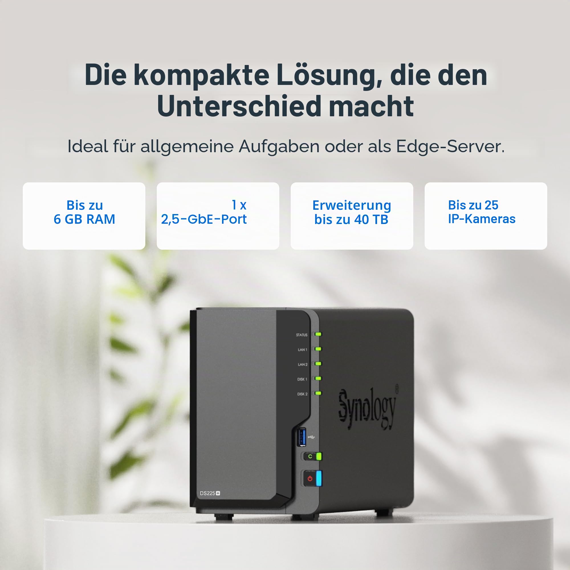 Synology DS225+ 2-Bay Diskstation NAS (Intel Celeron J4125 4-Core 2.0 GHz 2GB DDR4 RAM 2xRJ-45 1GbE LAN-Port)