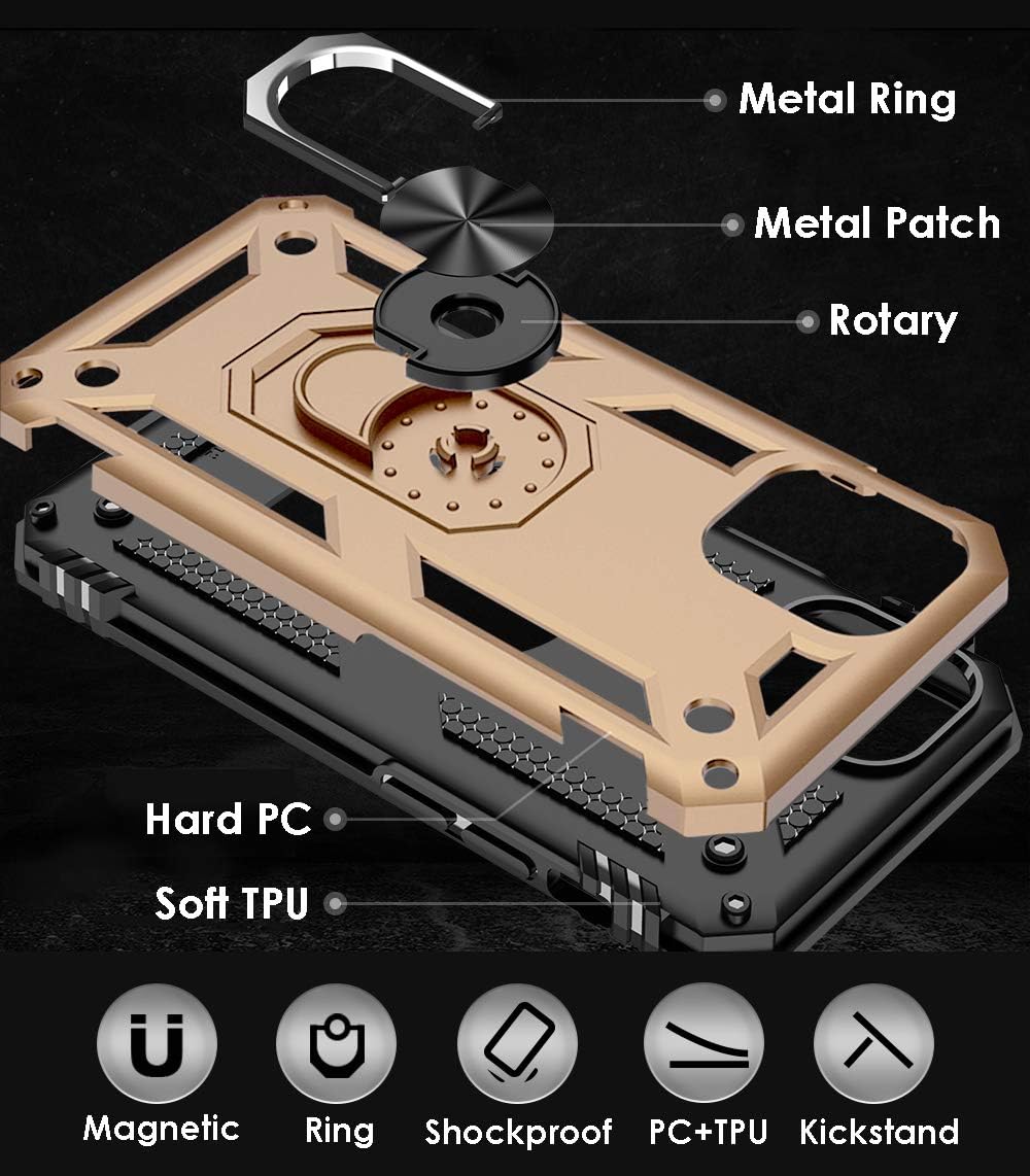 Pokanic Compatible with Apple iPhone 12 Mini / 12/12 Pro / 12 Pro Max Full Body Protection Kickstand Ring Holder Military Graded 15ft. Drop Tested Shockproof Cover Case (Gold, iPhone 12 Pro Max)