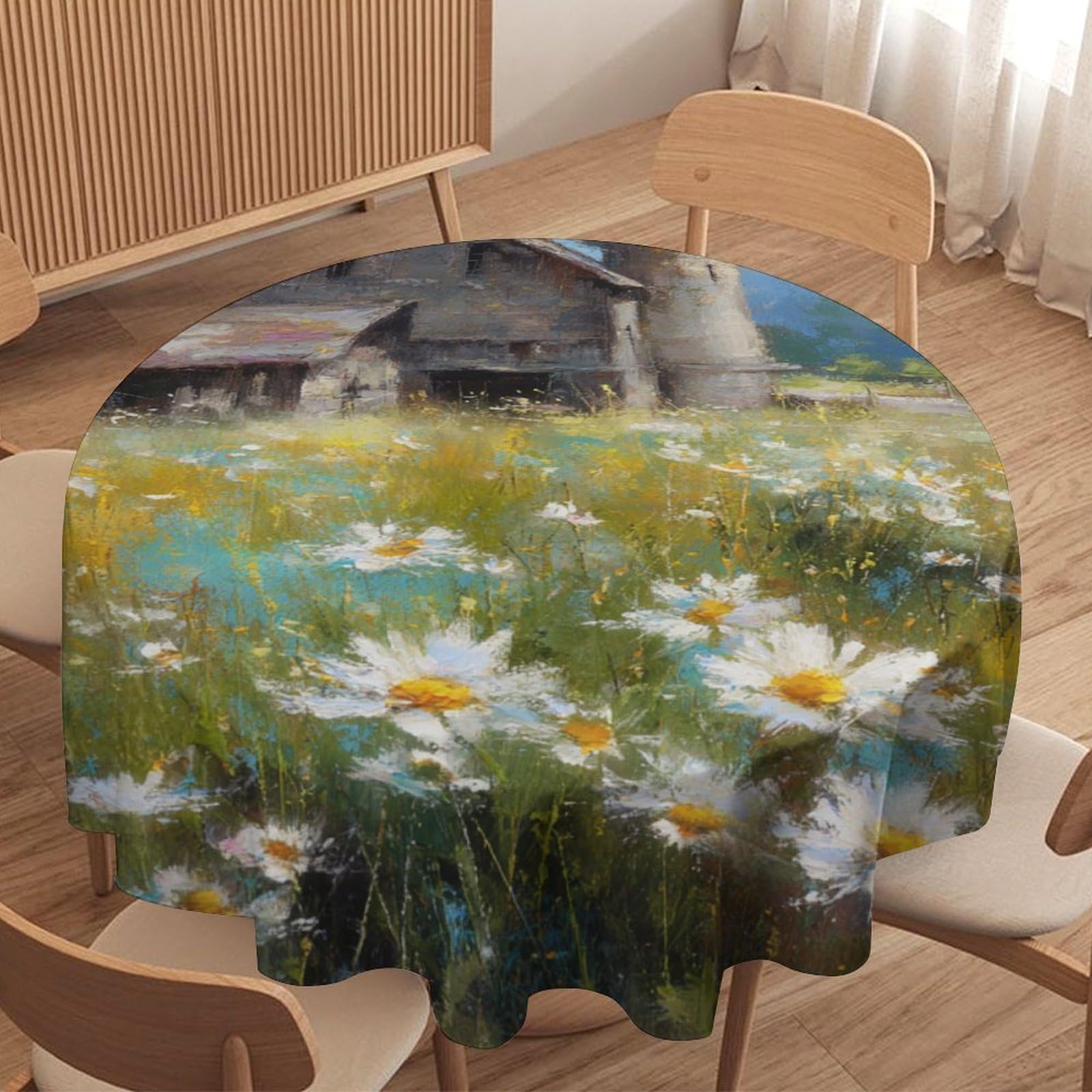 LUYYSKY Retro Oil Painting Spring Farmhouse Round Tablecloth Romantic Classic Western Windmill Daisies Flowers Print Washable Decor for Table Cover for Kitchen-177.8" Wx177.8 L cm