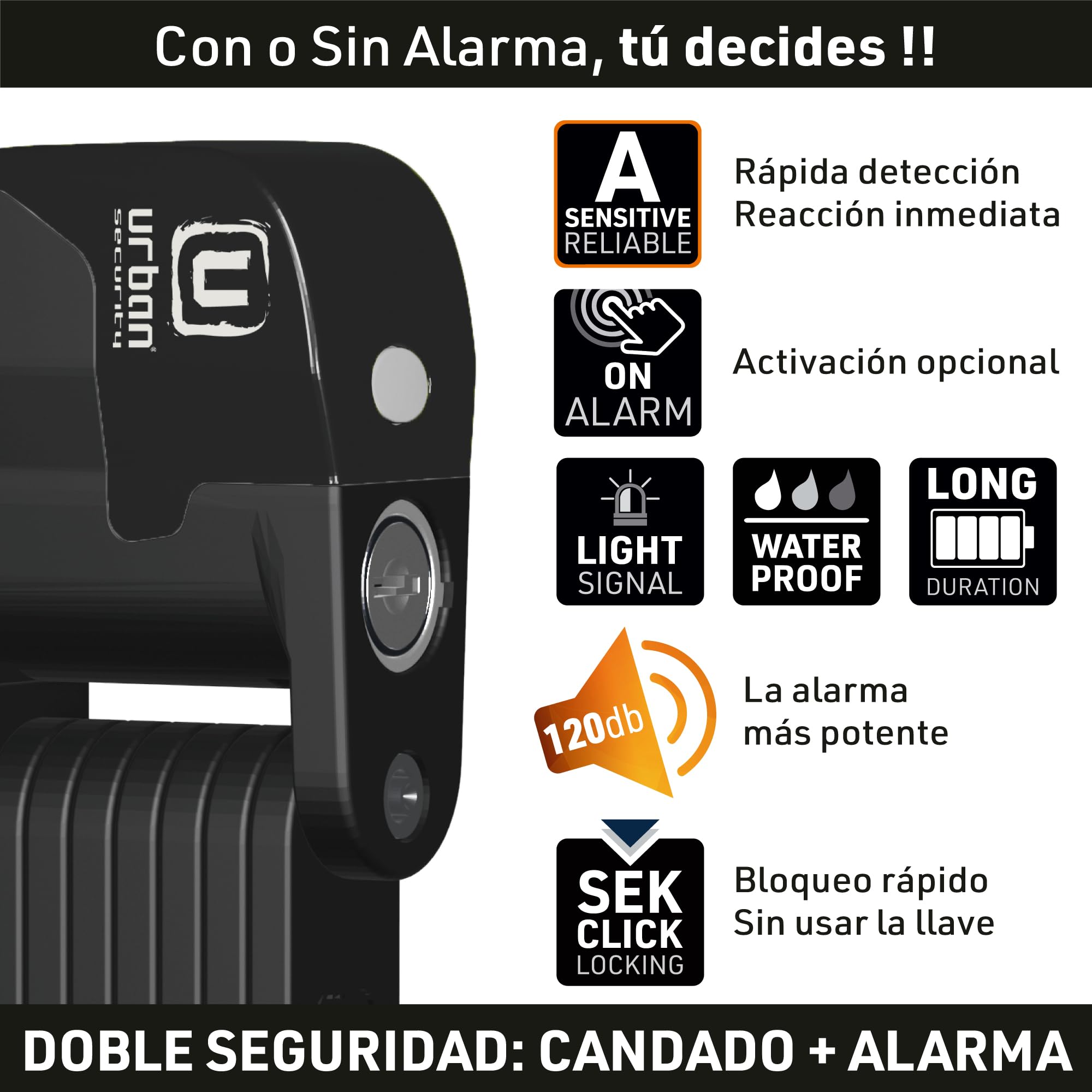 URBAN UR476B Innovador Candado Bicicleta Sin y Con Alarma 120dB Hi-Tech, Candado Bicicleta Plegable 2en1 Seguro, Soporte Más Funcional y Llevar Sin Ruidos, Antirrobo Bici Patinete Eléctrico 90cm