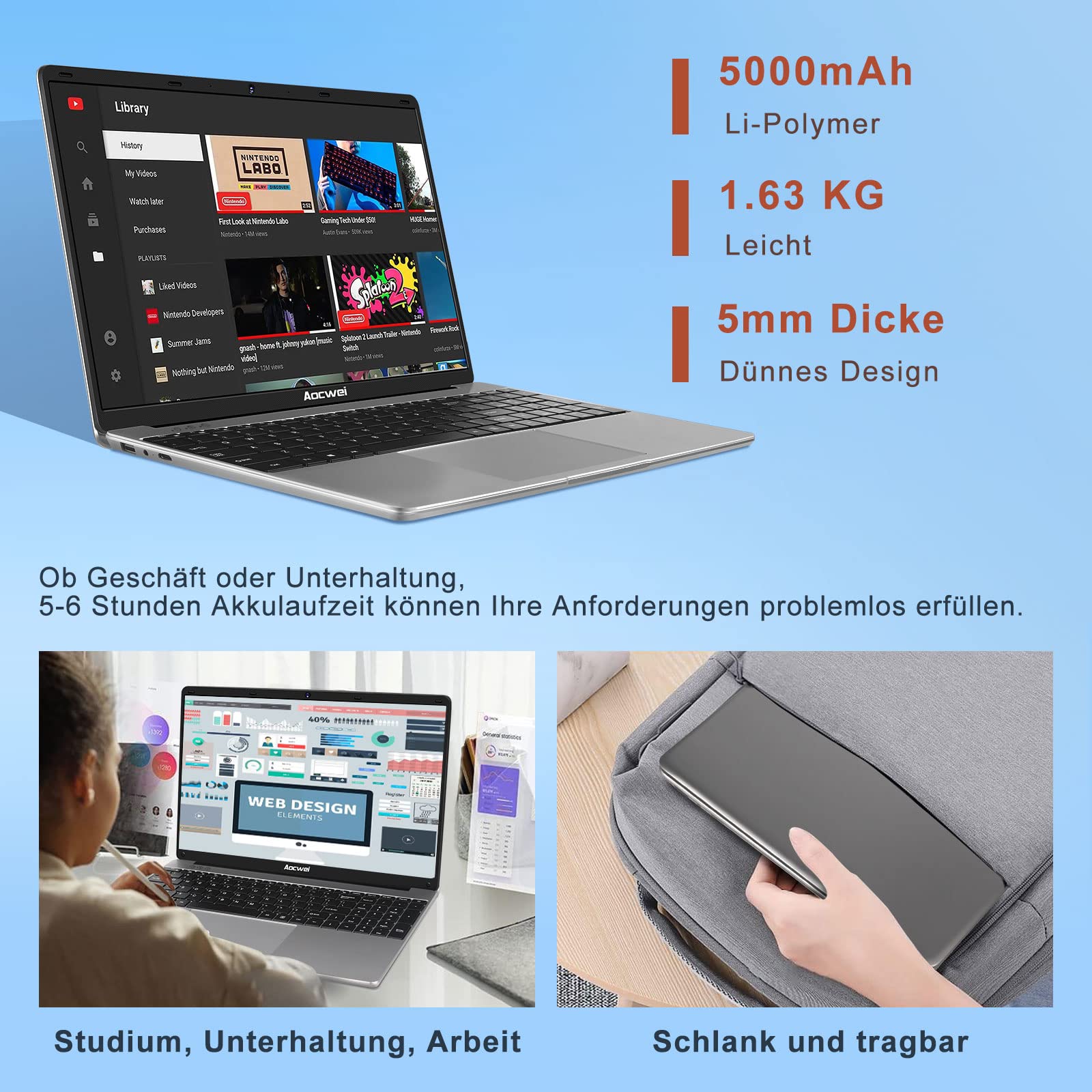 NOTODD Ordinateur Portable 14 Pouces 6 Go RAM 128 Go SSD 1TB Win11 Celeron J4105 WiFi BT4.2 Mini HDMI AZERTY
