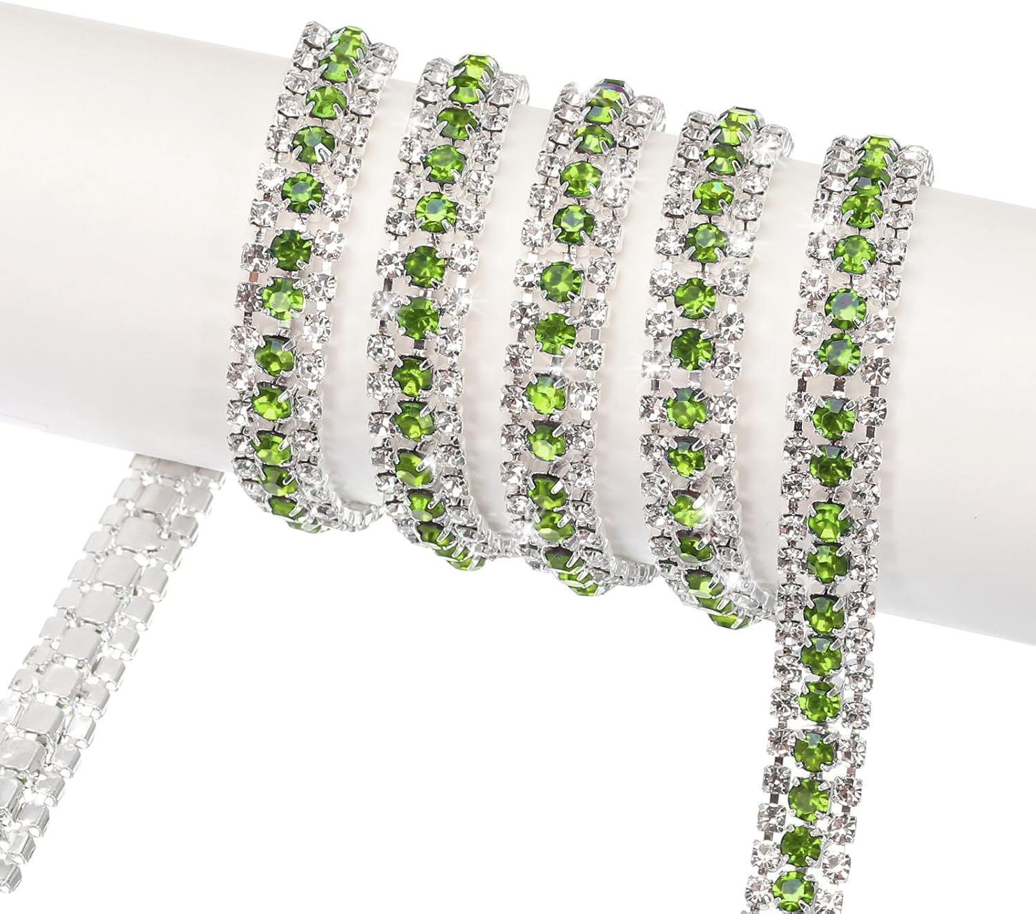 MECCANIXITY 5 Yard 9mm 3 Rows Crystal Rhinestone Diamond Close Chain Trim Trimming Claw Cup Chain for Sewing, Crafts, DIY Jewelry Wedding Decorations Silver Light Green White