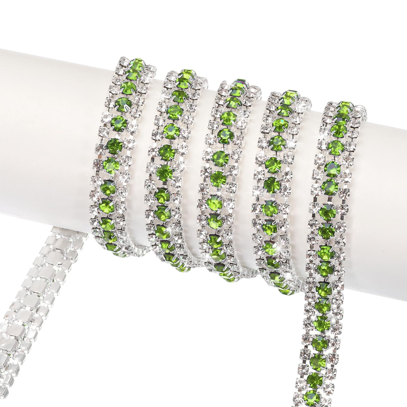 MECCANIXITY 5 Yard 9mm 3 Rows Crystal Rhinestone Diamond Close Chain Trim Trimming Claw Cup Chain for Sewing, Crafts, DIY Jewelry Wedding Decorations Silver Light Green White