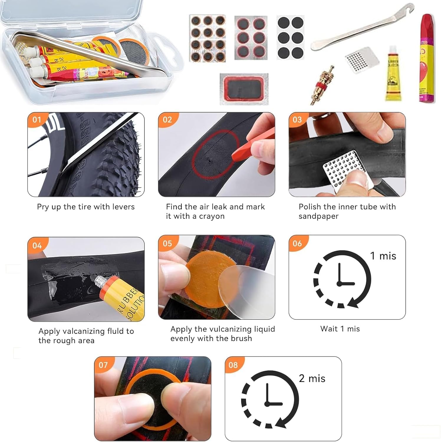 Haoutdory 56 Pezzi Kit Riparazione Bici,Kit Patch per Pneumatici con Toppe Autoadesive, Attrezzi Multifunzione,Colla,Leve,Chiavi,Camera d'Aria Bici,per Ciclisti MTB BMX Strada