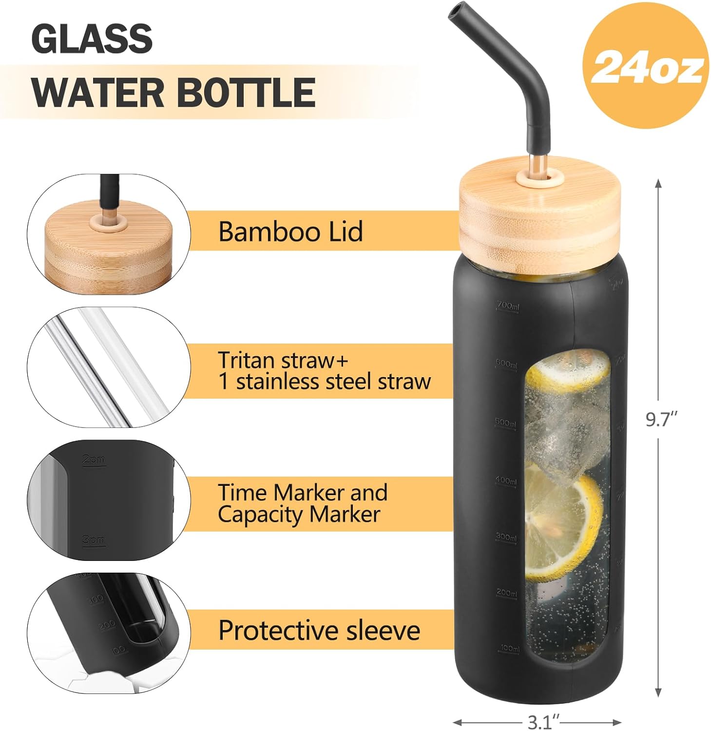 24oz Glass Water Bottle with Straw and 2 Lids-Bamboo and Spout Lid, Borosilicate Glass Water Bottle with Silicone Sleeve and Time Marker,BPA Free & Cupholder Friendly,Black - Image 3