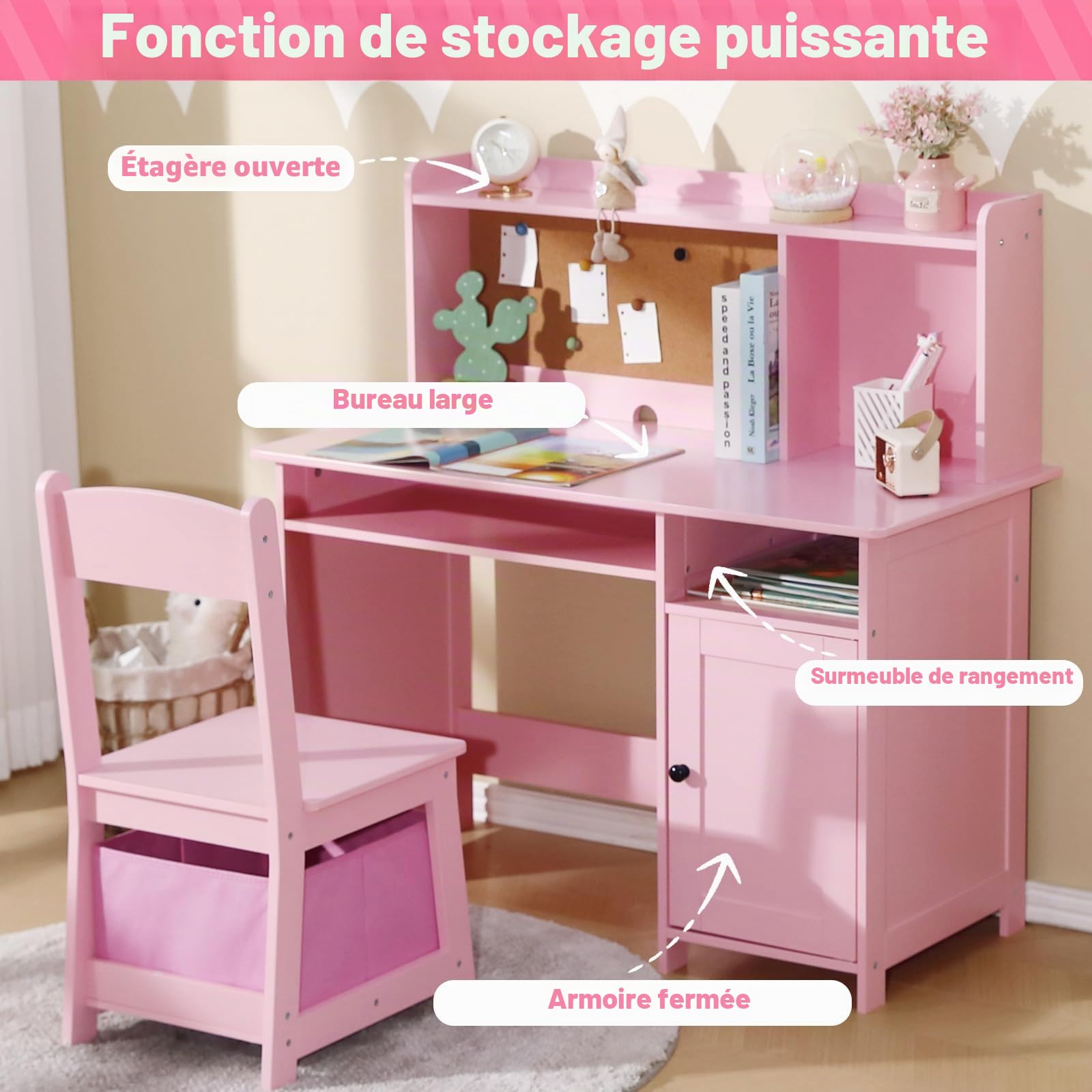 JOYLDIAS Bureau pour Enfant en Bois avec Chaise, Table d'apprentissage Multifonction avec étagères et Rangement (Rose)