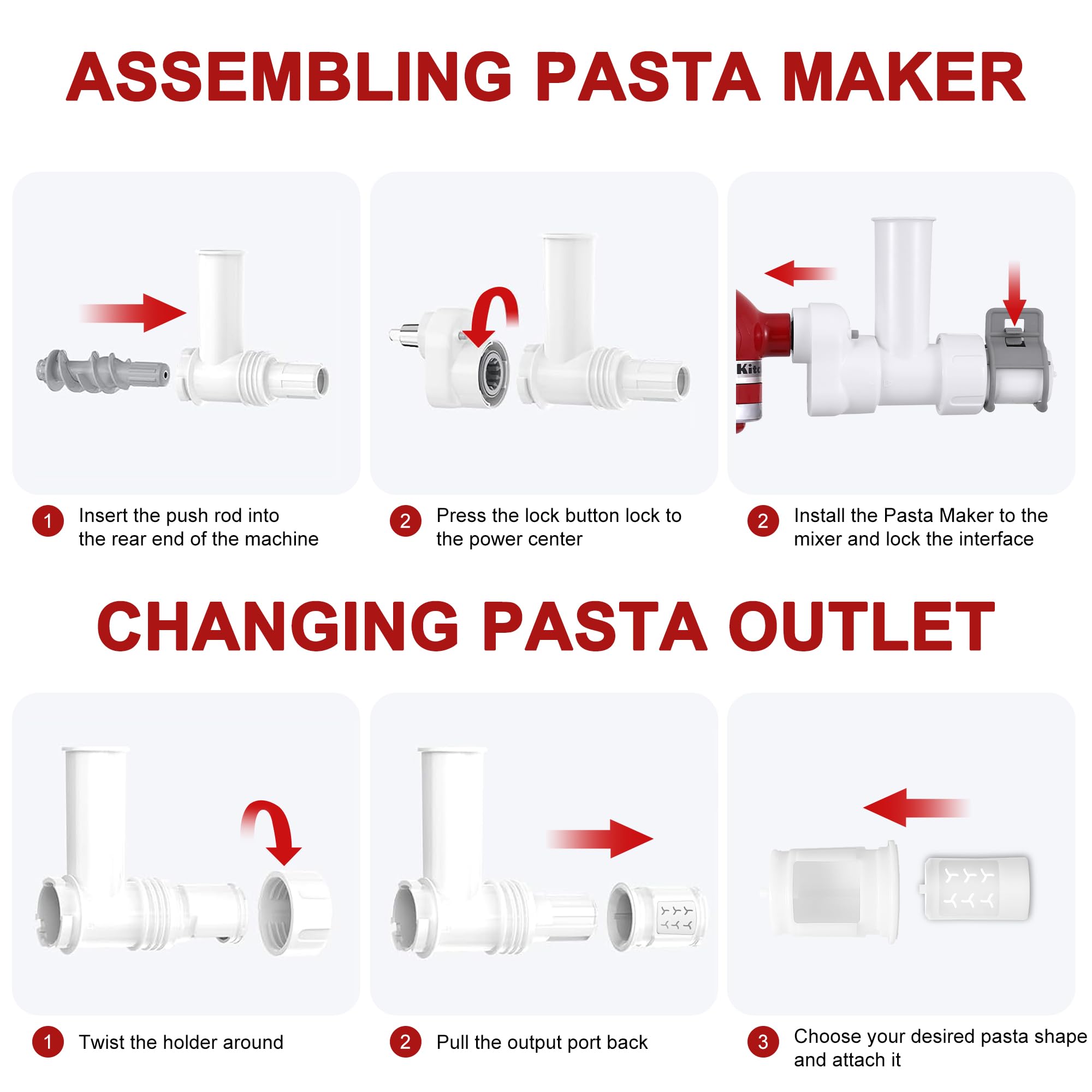 6 IN 1 Gourmet Pasta Aufsatz für KitchenAid Standmixer, Extruder Pasta Maker Aufsatz mit 6 verschiedenen Formen Auslass für KitchenAid Standmixer, Pasta Press Outlet Kitchenaid Mixer Zubehör