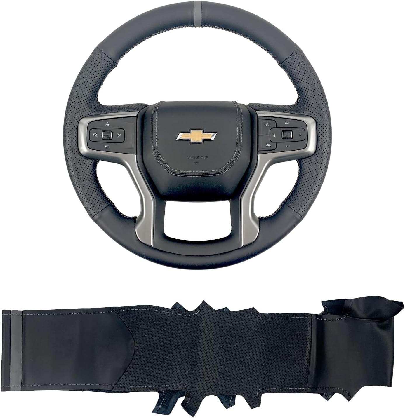 Hand-Sewing Steering Wheel Wrap Cover Black Perforated Leather/Grey Marker Strip Wrap Interior Protection Accessories for Chevrolet Silverado 1500 2019-2021 2500HD 3500HD/ Chevy Suburban 2020-2022