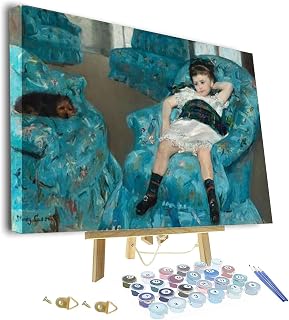 DIY Painting by Numbers for Adults,Little Girl in A Blue Armchair Painting by Mary Stevenson Cassatt Framed and Easel,Adults Paint by Number Kits for Beginners On Canvas,