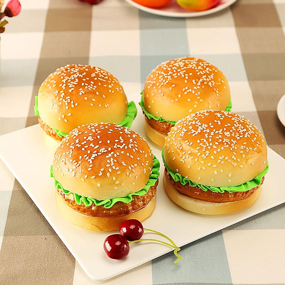 Mellsunny 4PCS Realistic Artificial Hamburger Lifelike Burger Fake Food Bread Model Photography Prop for Home Kitchen Shop Party Display Decoration