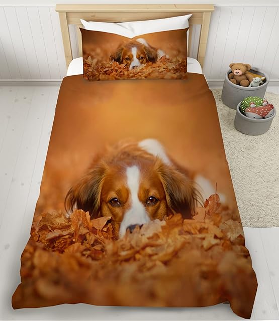 HOMHOMHA Dog Bedding Duvet Cover Set Single Size Dog Falling Autumn Leaves Bed Set 3D Animal Lovely Puppy Theme Comforter Cover Dogs Pattern Decor Bedspread Cover Dog Quilt Cover
