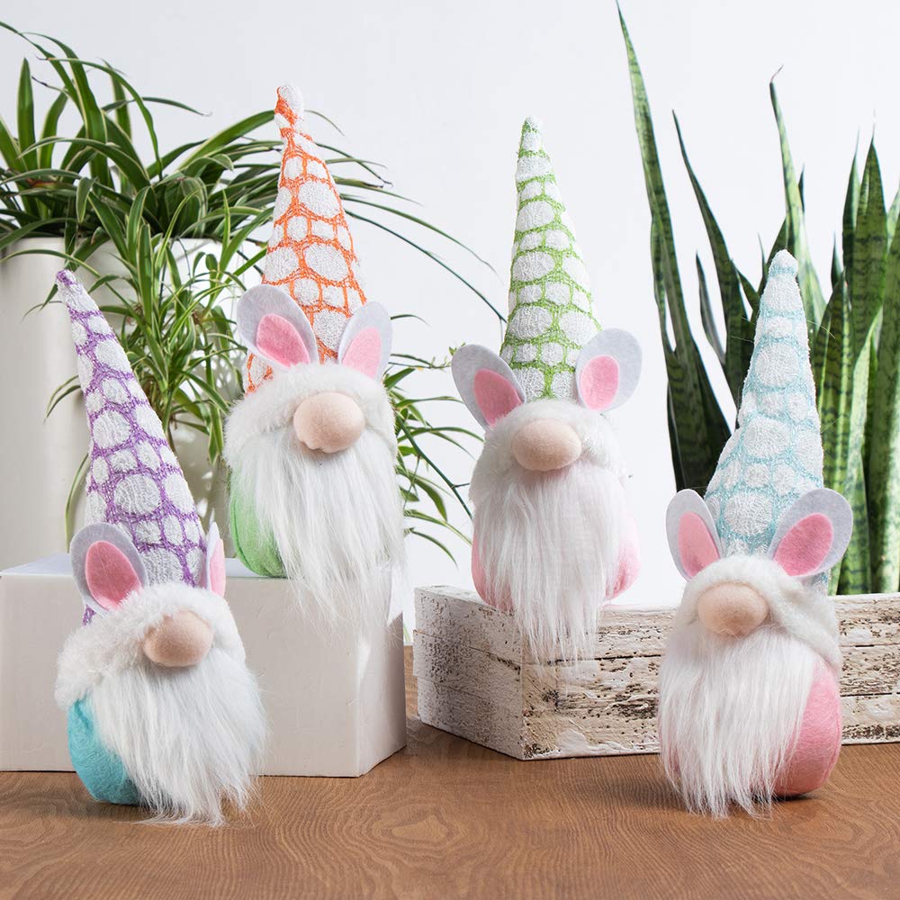 GMOEGEFT Handmade Easter Bunny Gnome, Swedish Gnome Plush Scandinavian Tomte, Spring Holiday Decoration, Set of 4 (Blue,Purple,Green,Orange,Pink)