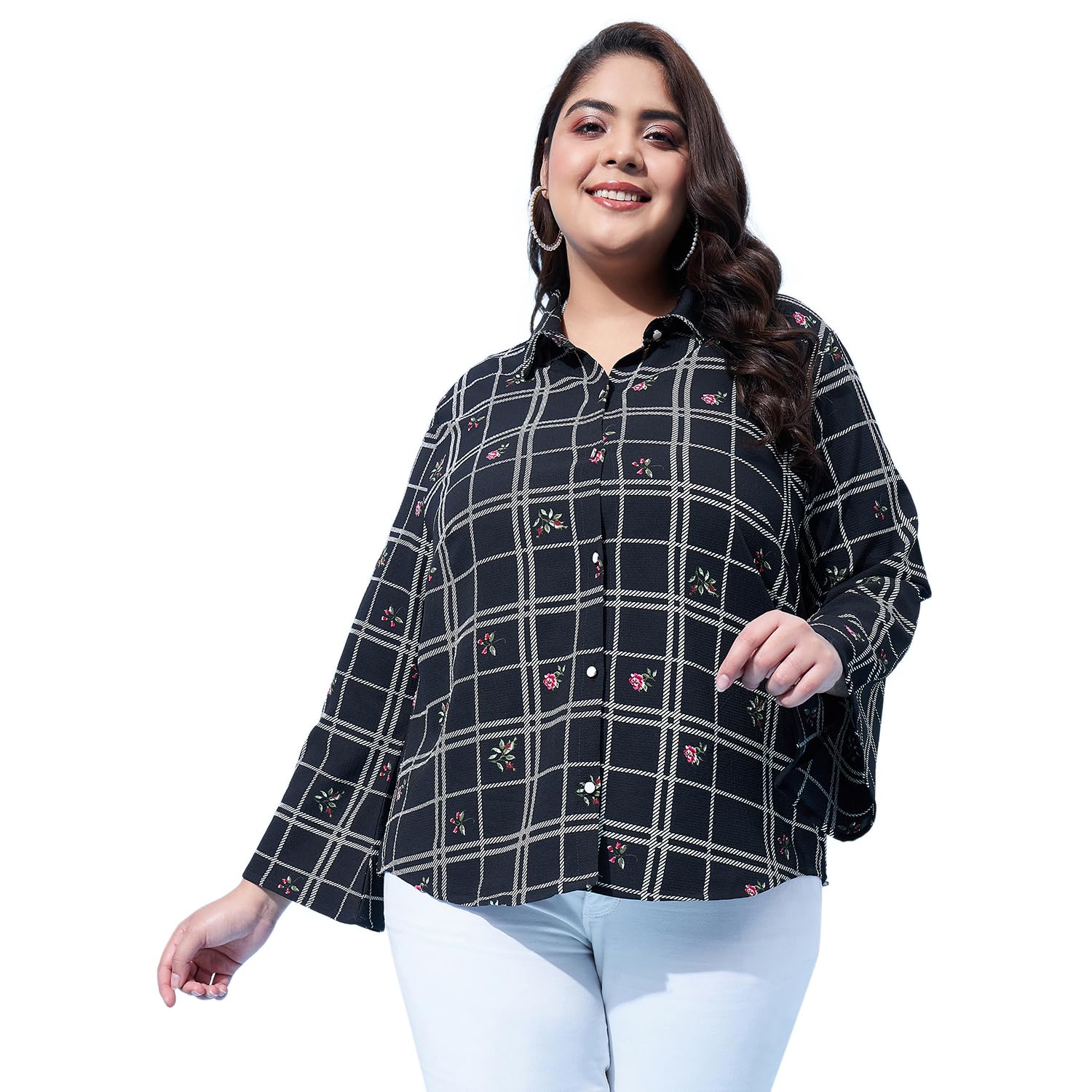 AustivoWomen's Polyester Black Checks Plus Size Top