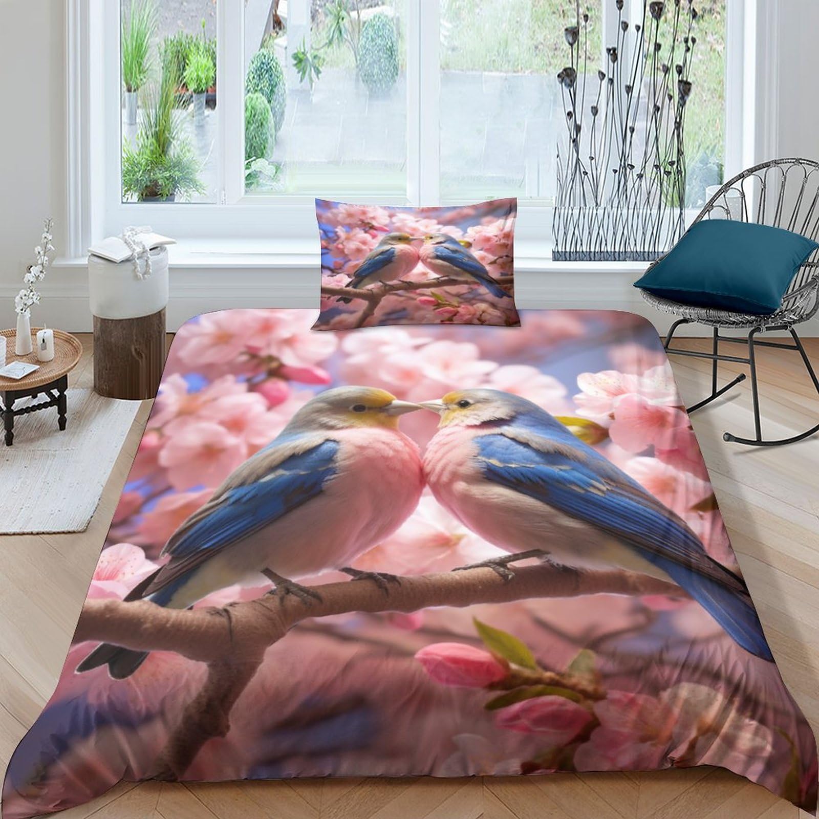 Parure de lit housse de couette microfibre 135x200 imprimé 3D Lovebirds avec fermeture éclair