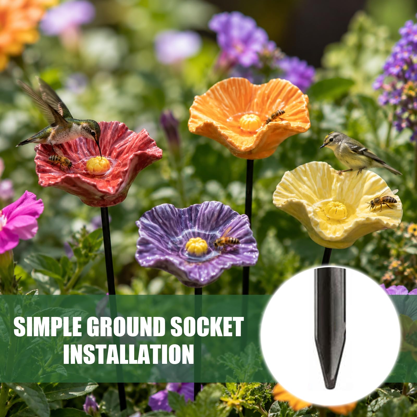 Keramik Vogeltränke Blumenform, 4er-Set mit Erdspieß, wetterfest & frostsicher, Vogelbad & Insektenwasserstelle für Bienen, Insekten und Vögel, Gartendekoration für Garten, Beet & Balkon (8er-Set)