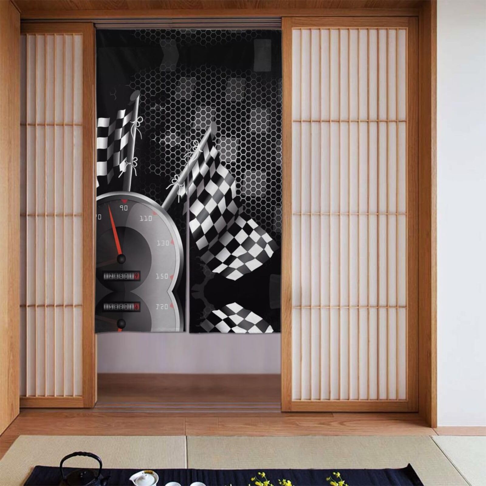 Rideaux occultants damier de course 142x86 cm pour porte de chambre
