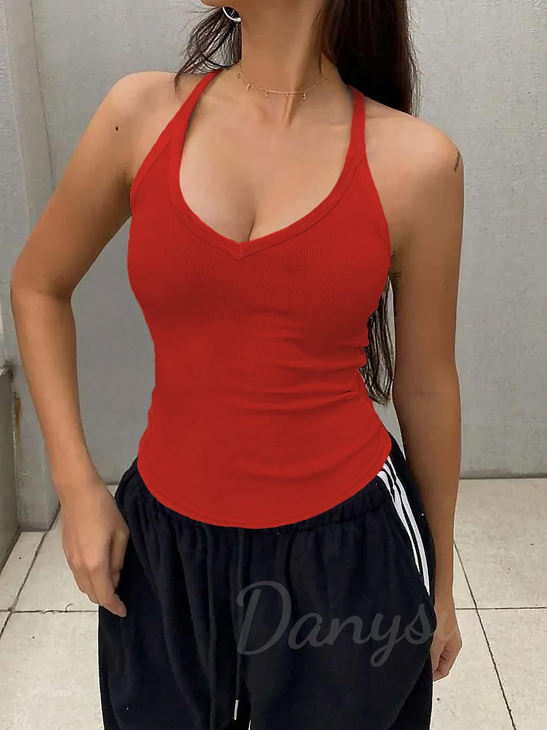 Danysu V Neck Racer Back Tank Top for Women Padded Ribbed Long Tank Fitted Basic Cami Tops thumbnail