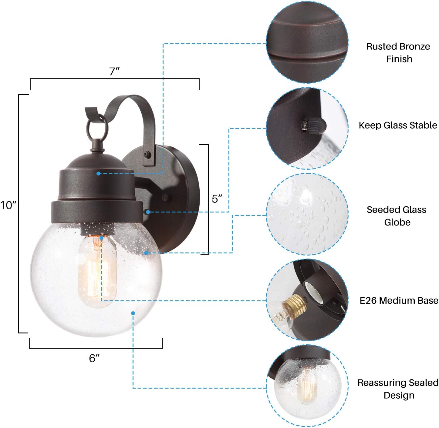 LOG BARN 2-Pack Outdoor Wall Sconce Modern Spherical Outdoor House Lights Wall Mount with Seeded Glass, Anti-Rust Rustic Bronze Exterior Light Fixture for Porch, Yards, Garage, E26 Socket, 11”H