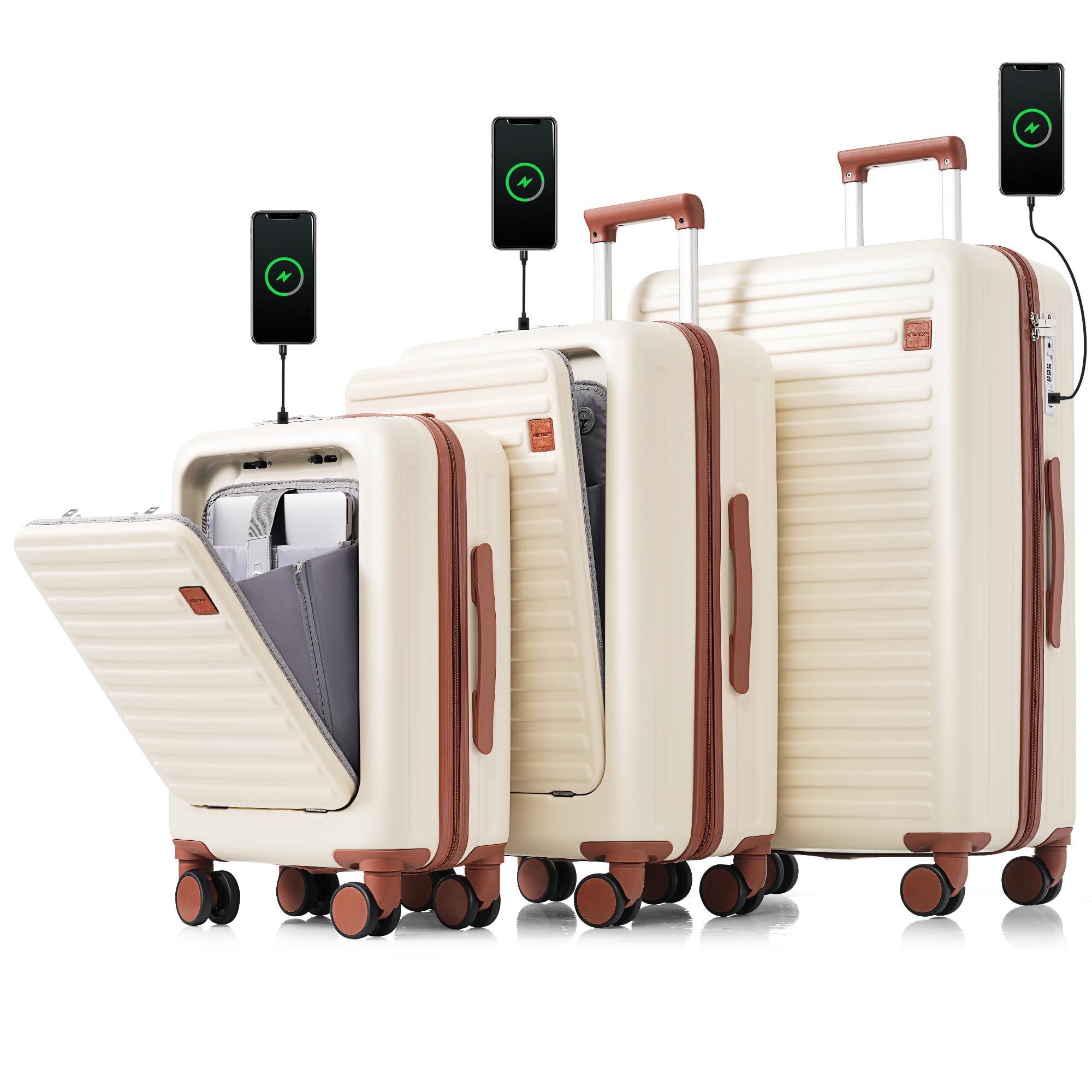 Merax Luggage Pcs, Hardshell Suit case with Front Pocket Cup Holder and USB Port, Ivory and Brown, 4-Piece Set