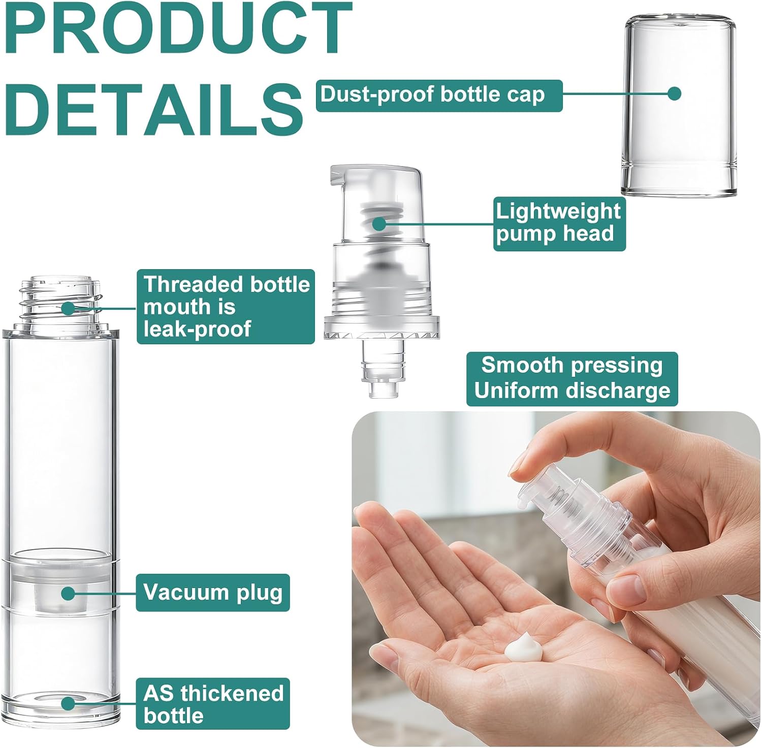 6pcs Airless Pump Bottles, Refillable Travel Pump Bottles in 5ml 10ml 15ml, Clear Vacuum Pump Containers for Lotion Foundation Toiletries DIY Cosmetics