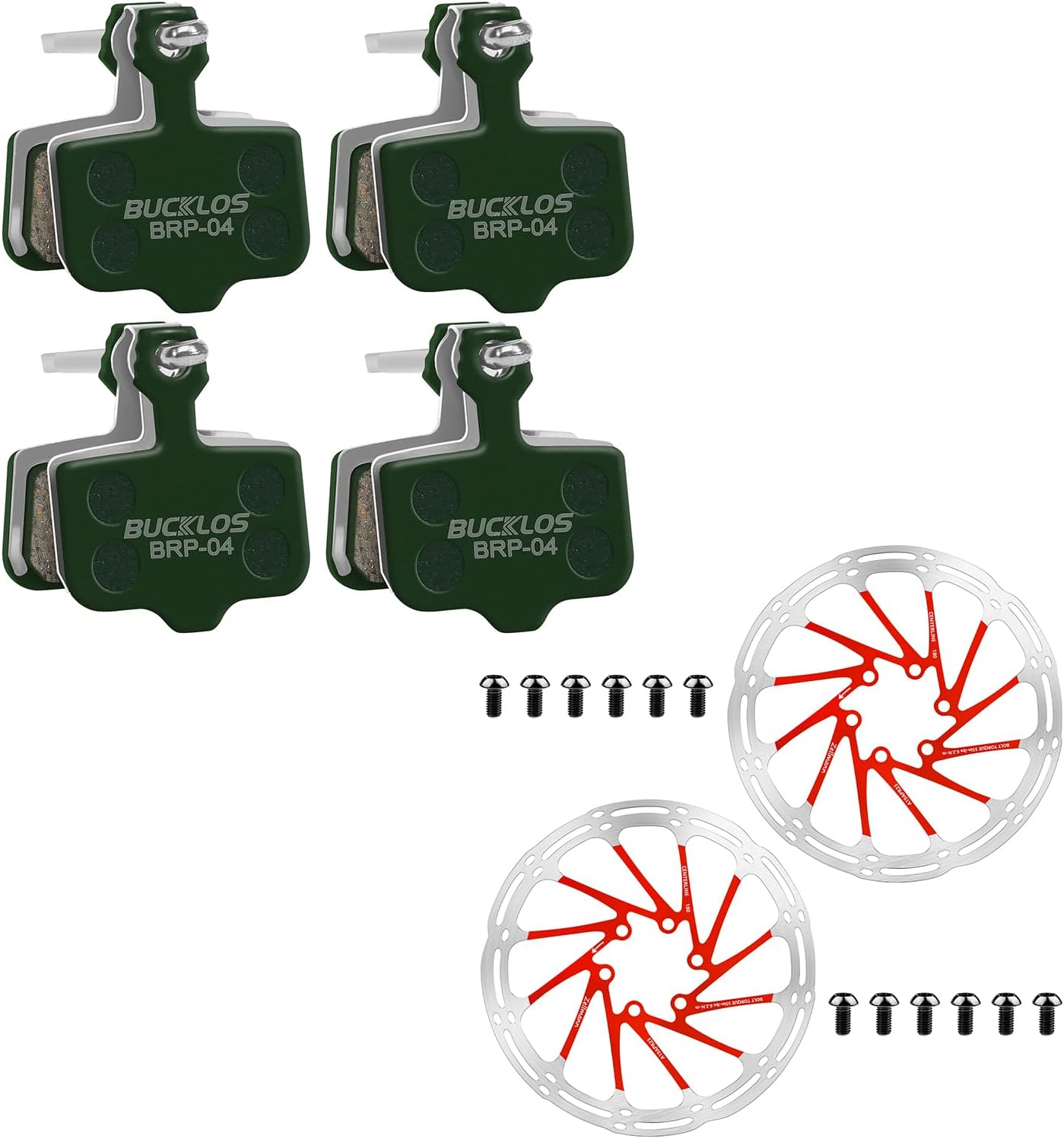 BUCKLOS 4 Pair Ceramic Bike Disc Brake Pads for Sram Avid Elixir and 2PC 180mm Red MTB Stainless Steel Bicycle Disc Rotors Bike Brake Rotors