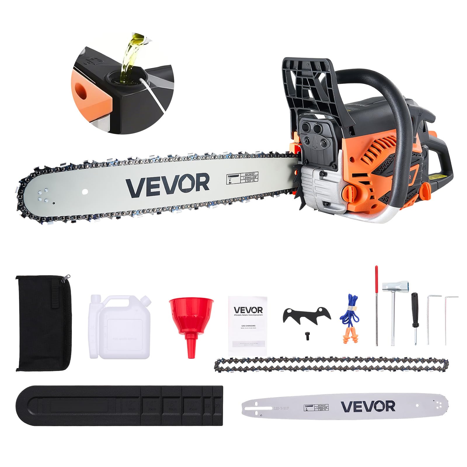 VEVOR20inch 62CC Gas Powered Chainsaw, 3.8 HP 2 Stroke Engine Gas Power Chainsaws with Non-Slip Handle, Gas Chainsaws with Dual Fuel Tanks, For Wood Cutting, Tree Trimming, and Land Clearing