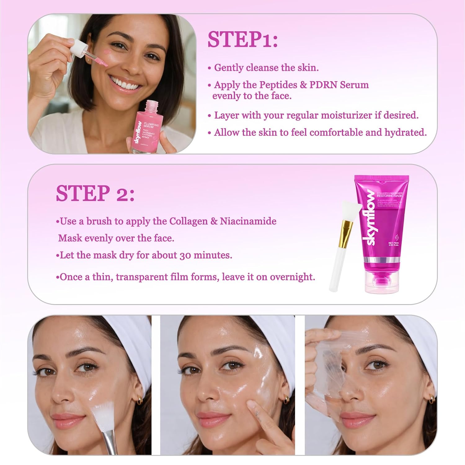 Collagen Night Wrapping Mask + Plumping Serum, Niacinamide Peel Off Facial Mask Pack for Hydration & Elasticity, Supports Firmness & Revives Tired Skin Hydrolyzed Collagen for All Skin