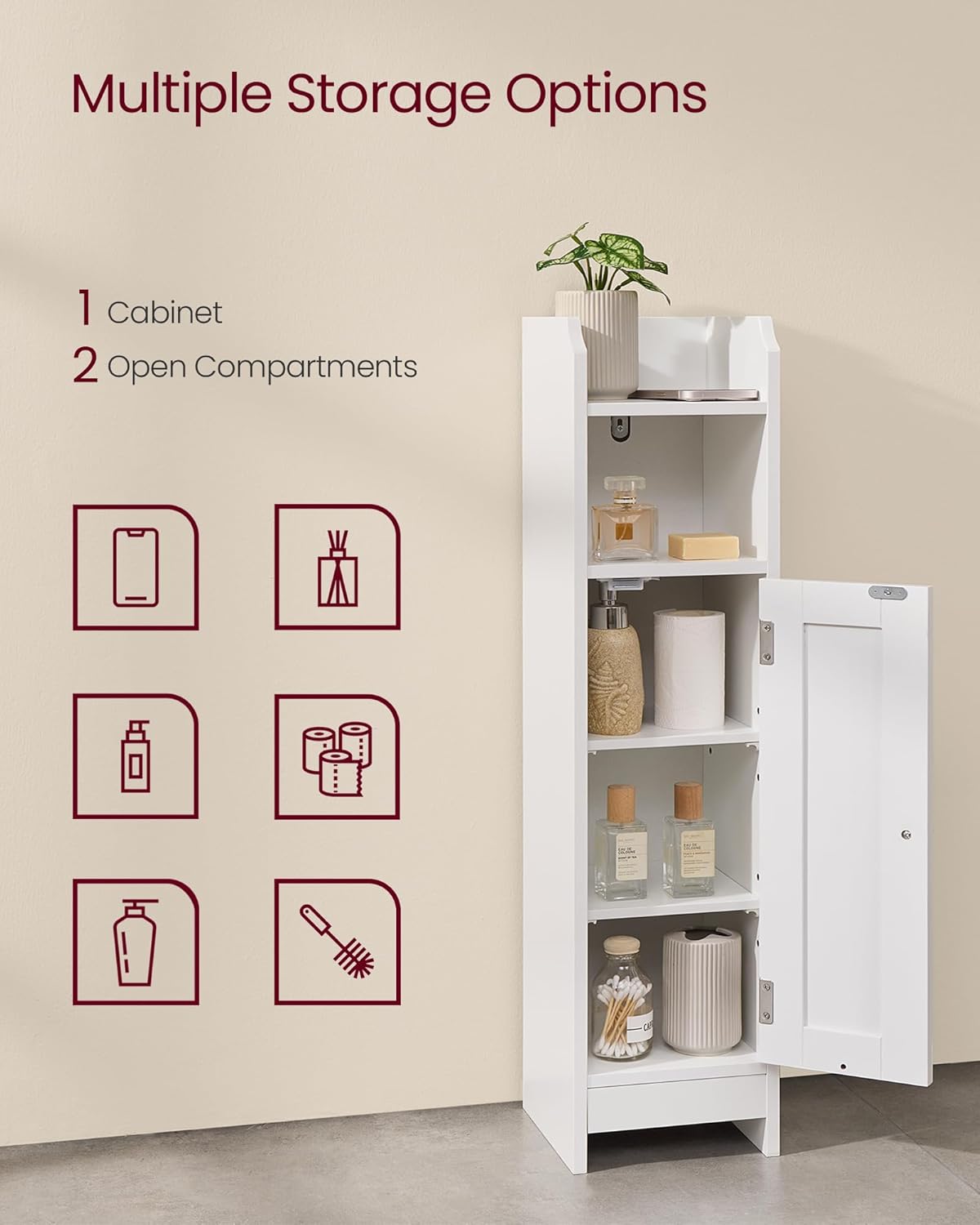 VASAGLE Small Storage Corner Floor Cabinet with Door, 7.9 x 7.1 x 31.5 Inches, Narrow Toilet Paper Storage Holder, Adjustable Shelves, for Bathroom, Living Room, Small Spaces, Cloud White UBBC310W01