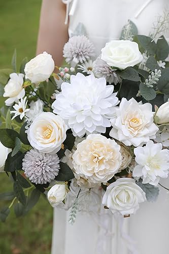 Miniatura 5 de Juego de flores artificiales blancas, flores falsas, hojas de flores a granel con tallos para bricolaje, ramos de boda, centros de mesa, baby