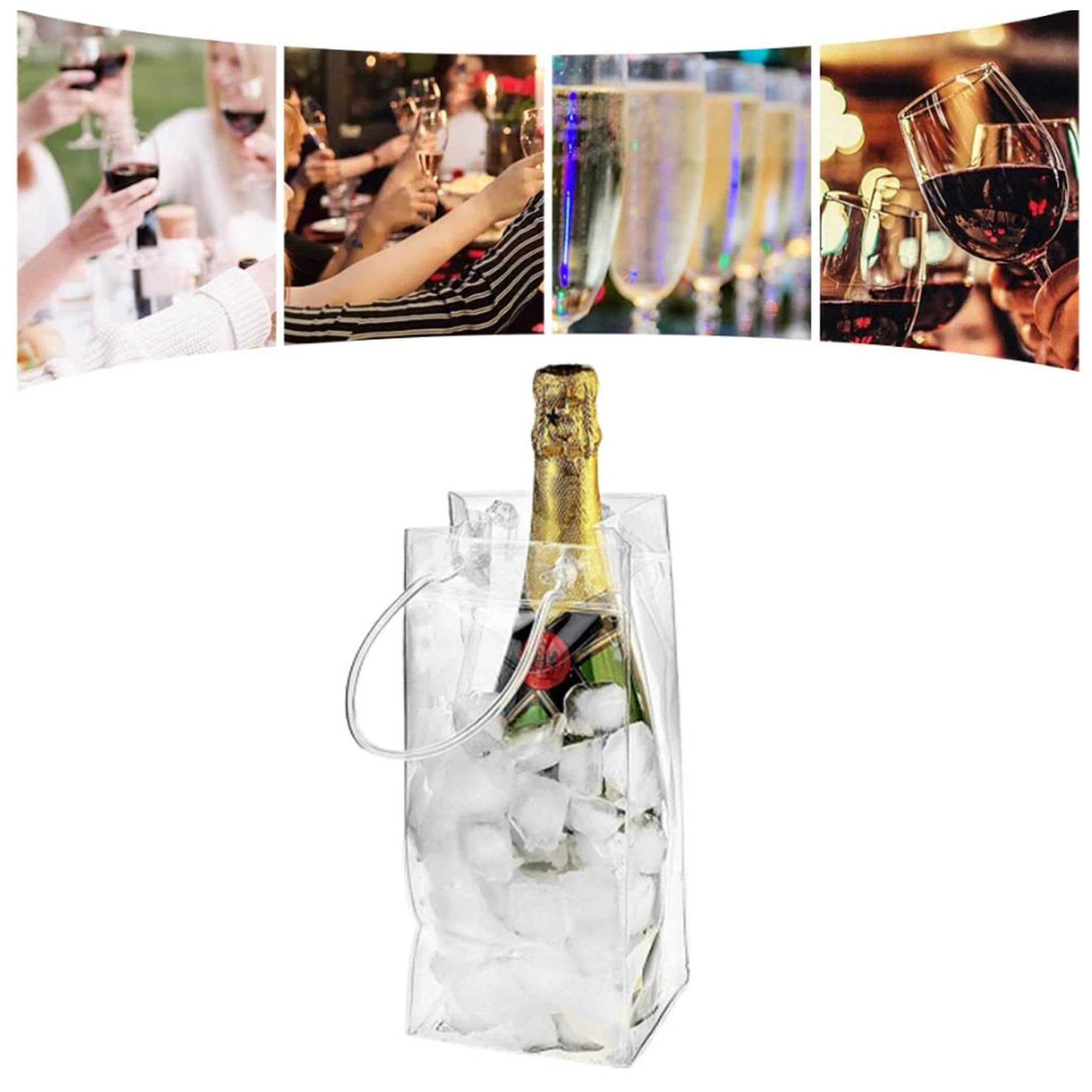 Lot De 12 Sacs à Glace Pour Bouteilles : 10 X 25 X 10 Cm - Transparent - En PVC - Avec Poignée - Pour Bière Froide, Vin, Boissons, Fête, Extérieur, Camping