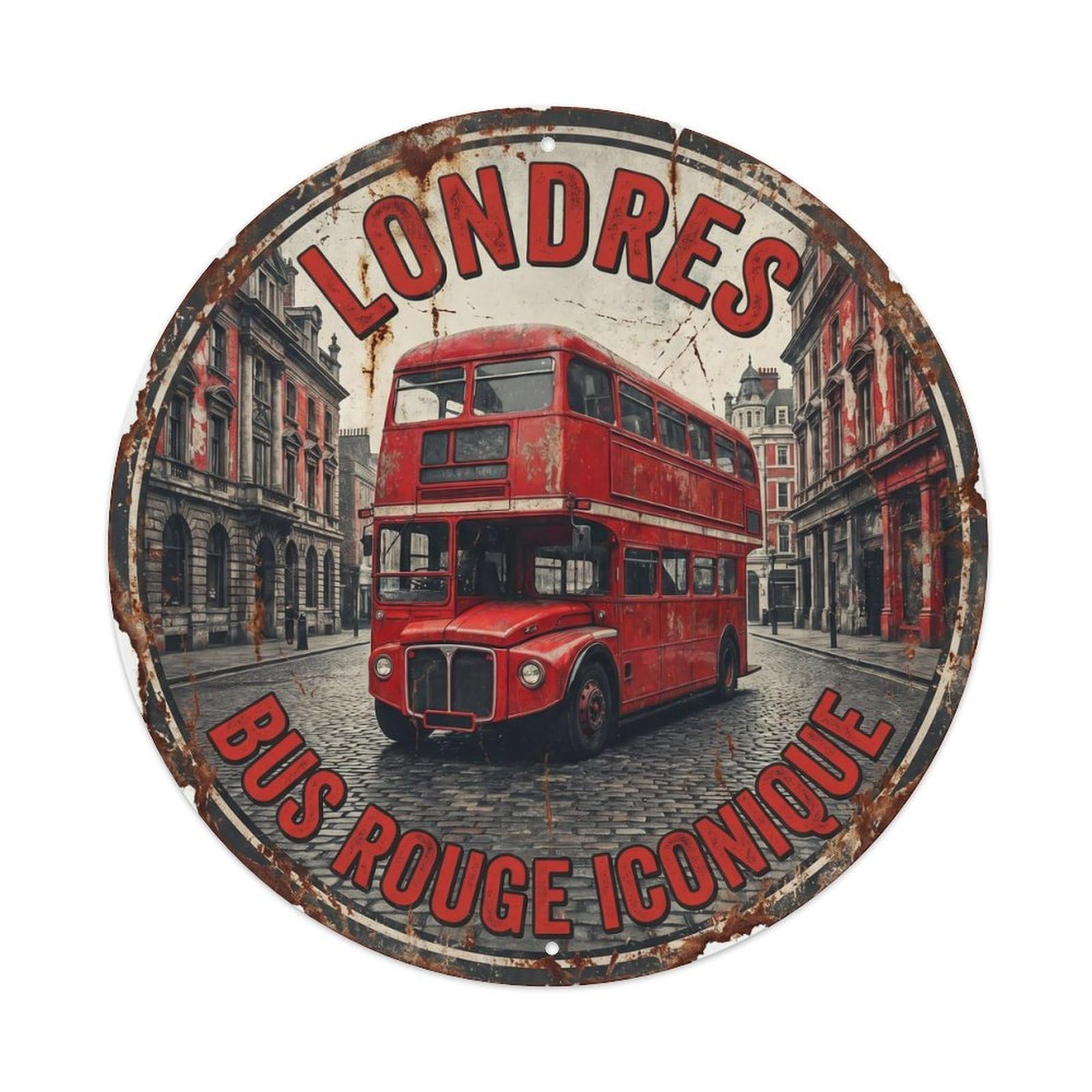 Vintage Travel Red Bus Piccadilly London Metal Tin Sign Plaque Wall Decor for Cafe, Club, Garden Round Metal Poster 8x8Inch