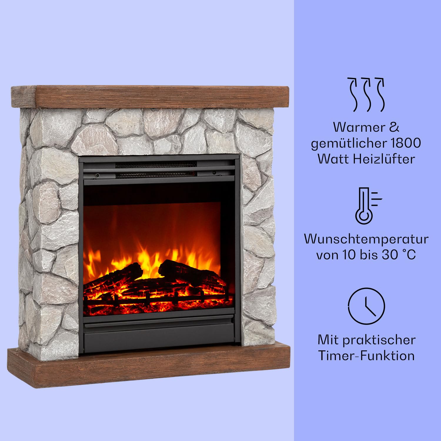 Klarstein Elektrokamin, Elektro Heizungen für Wohnzimmer & Innenräume, Elektrischer Kamin mit LED Flammen, mit Fernbedienung, Elekroofen, Automatische Temperaturregelung,1800 W