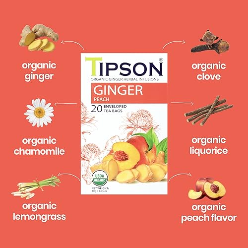 Miniatura 3 de Tipson Sabor a jengibre y durazno | Sin cafeína | Ingredientes totalmente naturales | USDA Orgánico | 20 bolsas de té envueltas