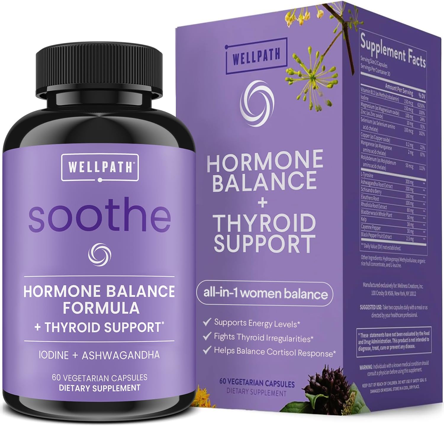 71XbImwfQAL._AC_SL1500_ WellPath Soothe Hormone Balance for Women + Cortisol Supplements for Women | Thyroid Support, Mood Support, & Metabolism Booster | Adrenal Support | Rhodiola, Selenium, Iodine | Adaptogens, 60 ct