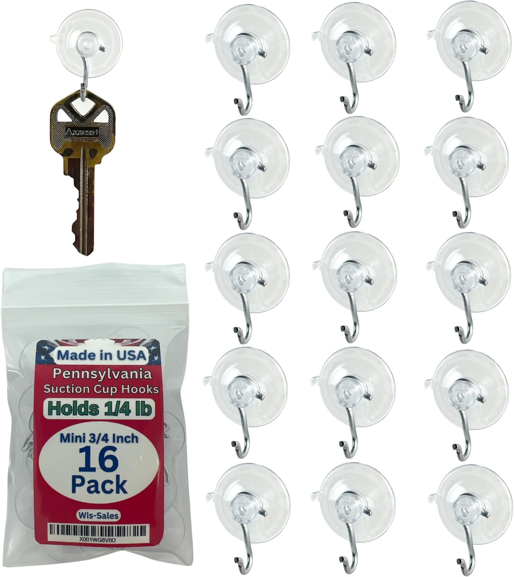 16-Pack Mini 3/4 inch (Made in Pennsylvania) Heavy Duty Suction Cup Hooks for Glass Windows. for Signs Holiday Ornaments Suncatchers (Holds ¼ Pound)