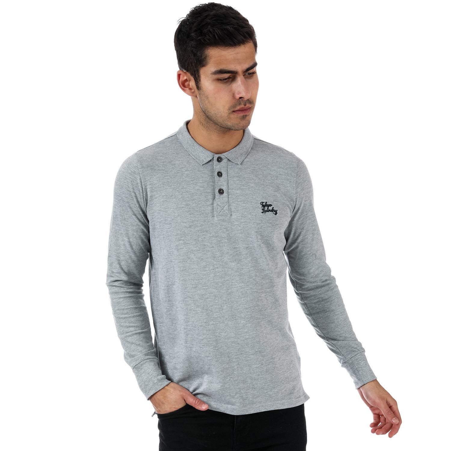 Tokyo Laundry Men's Light Grey Marl Cosenza Long Sleeve Pique Cotton Polo Shirt - M