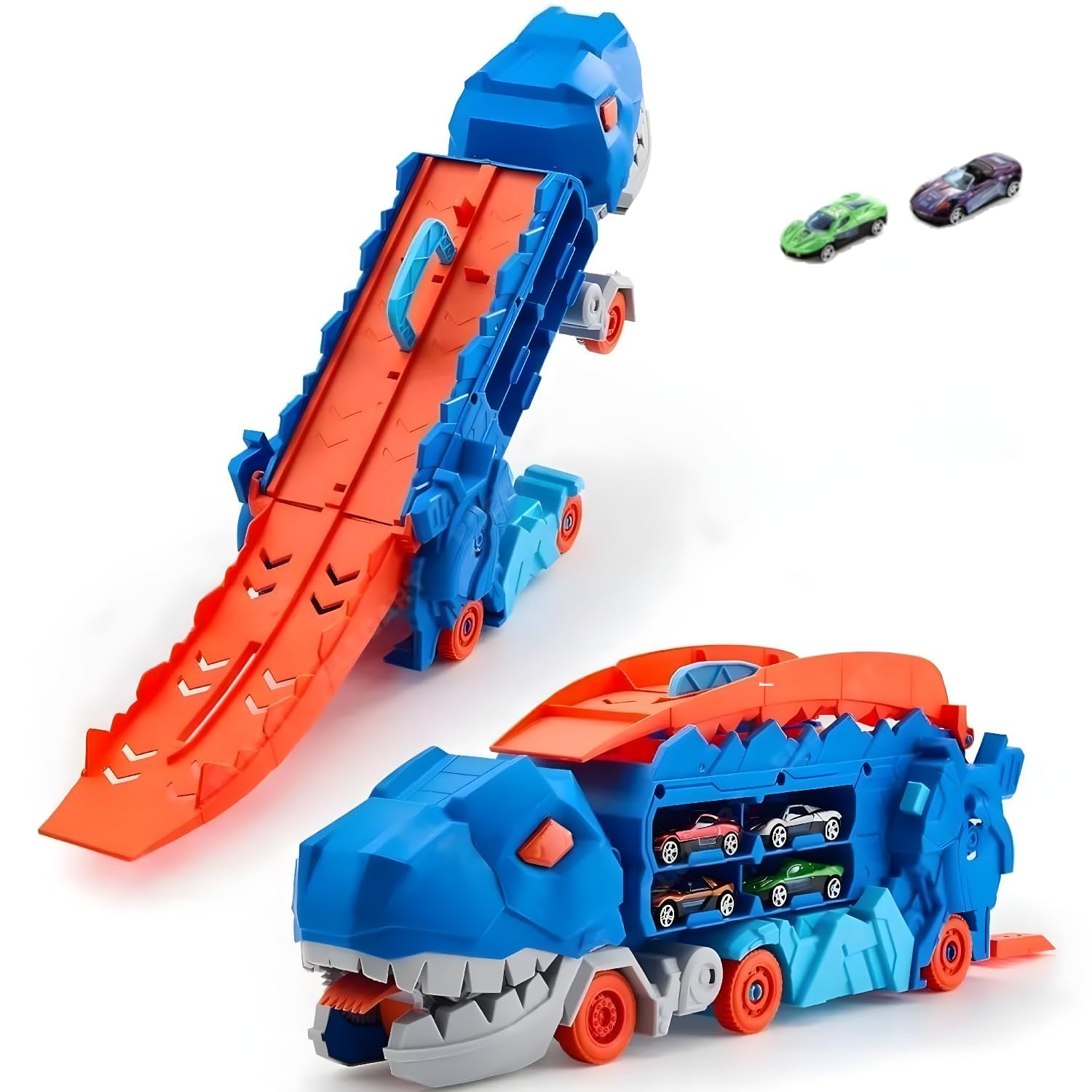 Dinosaur Transporter Truck with 2 Die-Cast Vehicles Dino Car Carrier & Racing Track Storage | Devouring Dino Car Toy Gift for Kids Boys Girls (Dino Truck)-image-25
